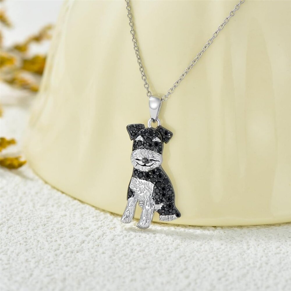 Schnauzer Pet Lovers Dog Breed Puppy Owners Rhodium Sterling Silver CZ Necklace